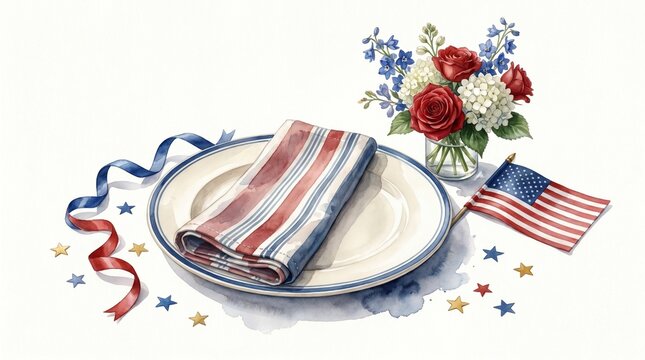 Patriotic watercolor table setting, American flag celebration, festive red, white, and blue holiday decor, elegant floral arrangement, Fourth of July dinner party illustration.