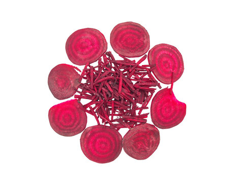 Top view of sliced and shredded beetroot arranged in a circle On Transparent Background, vivid magenta concentric rings, isolated food concept.