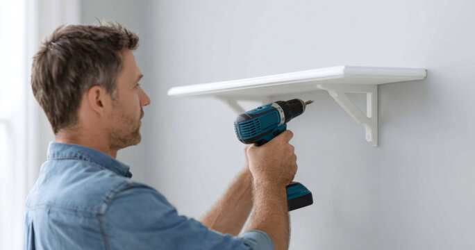 Man Installing White Wall Shelf Using Drill