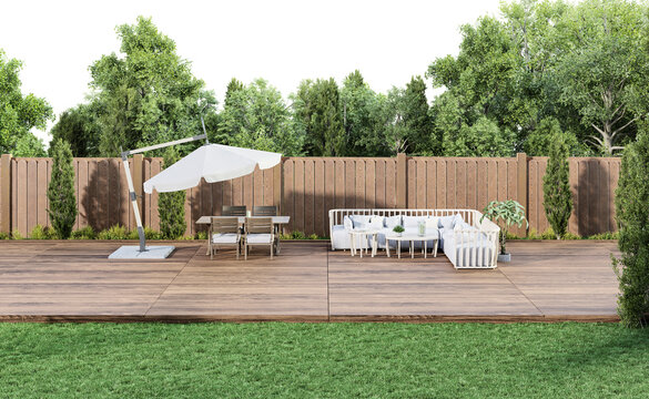 Minimalist modern backyard patio with lounge and dining area