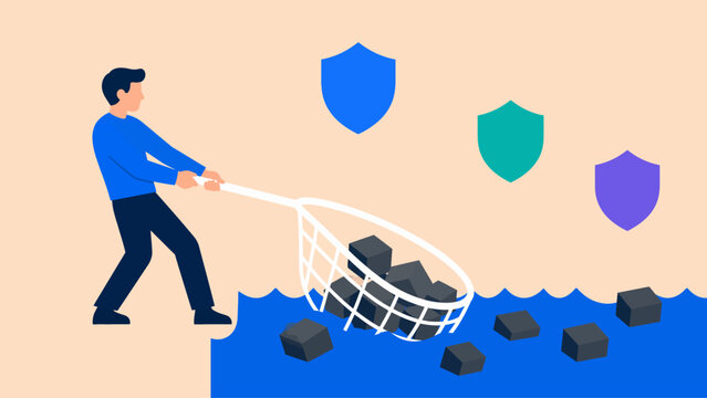 Securing digital landscapes An individual employs a conceptual net to manage data or capture cyber threats, with symbolic shields highlighting advanced protection and robust network defense strategies