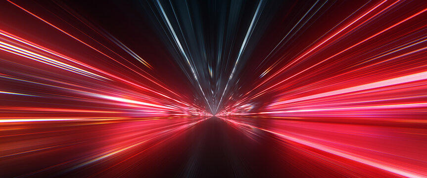 Abstract red cyber technology background with glowing data streaks. Dynamic fast perspective speed lines in dark neon tunnel for design element. 3D concept render