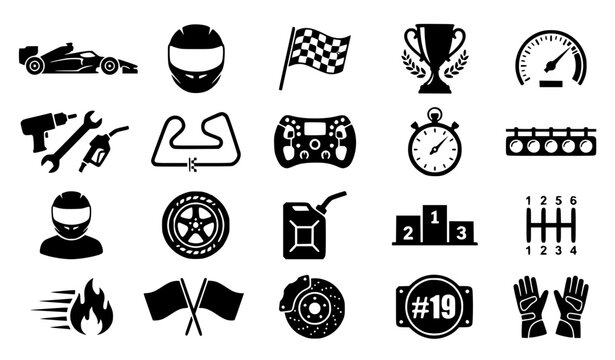 ​Car Racing and Motorsport Silhouette Icon Set Featuring Race Cars, Helmets, Checkered Flags, Trophies, Steering Wheels, and Pit Stop Tools for Automotive Graphic Designs