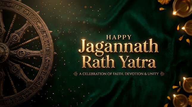 Happy jagannath rath yatra greeting card with wheel and diya