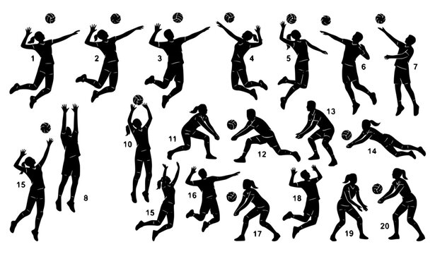 Numbered Volleyball Player Silhouette Action Set Featuring Male and Female Athletes Serving, Spiking, Blocking, and Digging for Sports Manuals, Guides, and Training Layouts