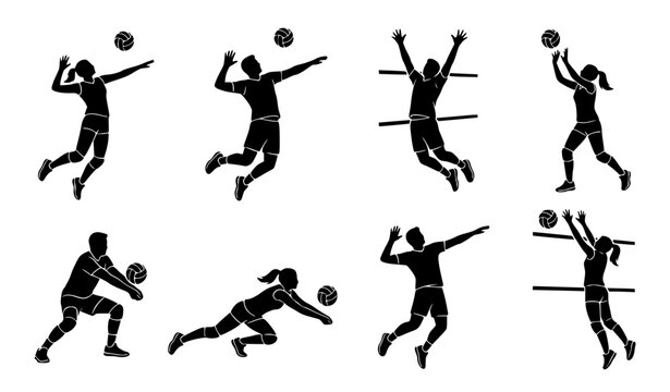 Volleyball Player Silhouette Action Collection Featuring Male and Female Athletes Serving, Spiking, Blocking, and Passing over the Net for Sports Graphics and Team Branding