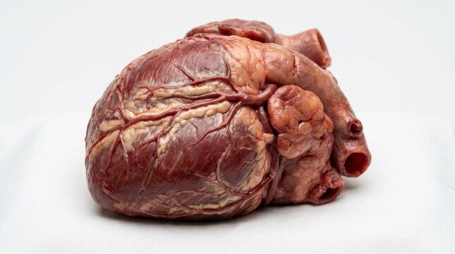 Anatomically correct model of a human heart on white background.