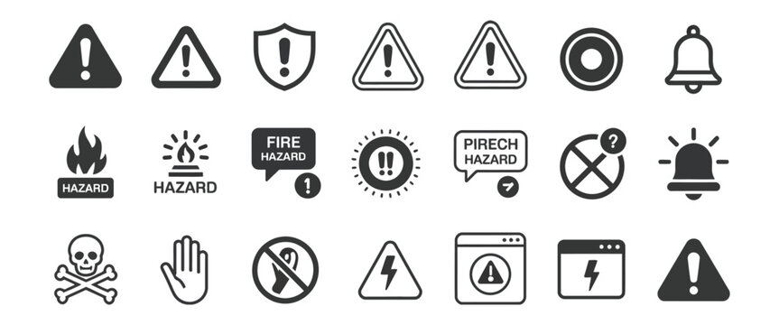 Bold warning line icon set, alert danger caution and error symbols, clean vector silhouette style, safety notification and hazard indicator icons for UI design.