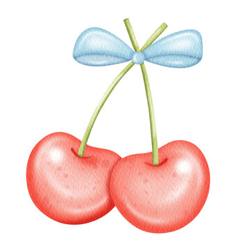 Cute Hand Painted Watercolor Cherry Clip Art for Summer Aesthetic.