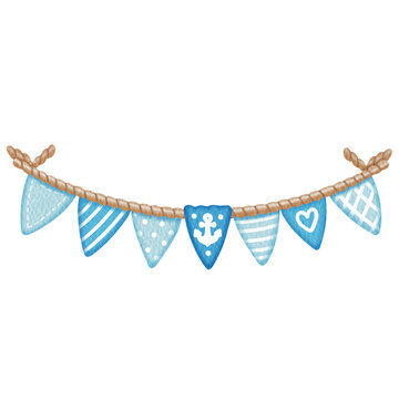 Cute blue anchor bunting watercolor illustration, hand-painted in a soft nautical style.