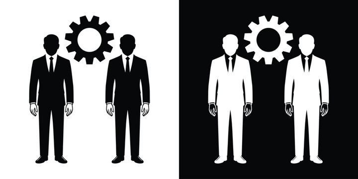 Business partnership and collaboration vector icon. Two businessmen silhouettes standing next to a gear mechanism. Symbolizes corporate team work, alignment, operation management, and processing.
