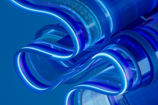 3D binary glass loop with neon blue conduit ribbons