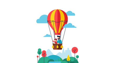Obraz premium Father and Child in Hot Air Balloon Vector Illustration - Family Adventure and Travel Concept over Scenic Landscape with Trees and Clouds