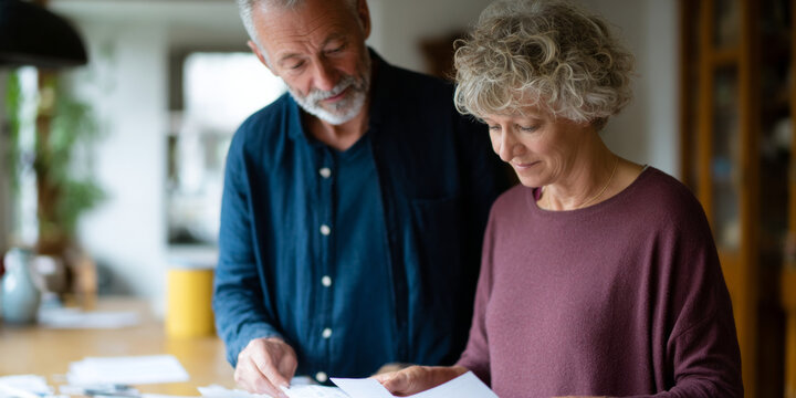 Mature couple reviewing documents at home