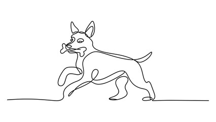 Continuous line drawing of a dog holding a bone in its mouth, minimalist vector illustration of a happy puppy running © Dipa Roy