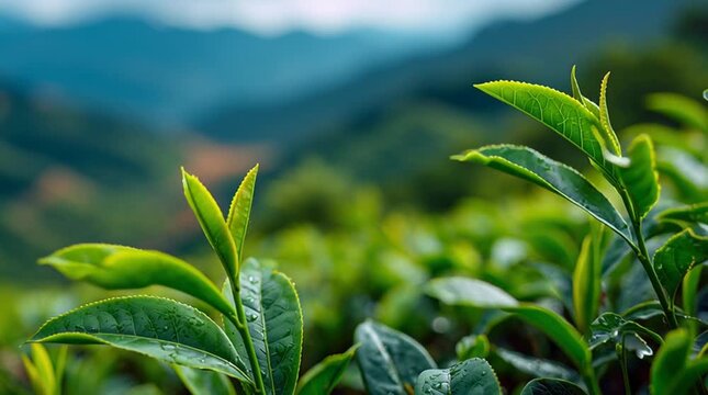 Fresh camellia sinensis tea plant leaves growing on a mountain plantation with misty hills in background
