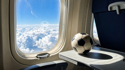 Soccer Ball on Airplane Tray Table with View of Clouds Through Window