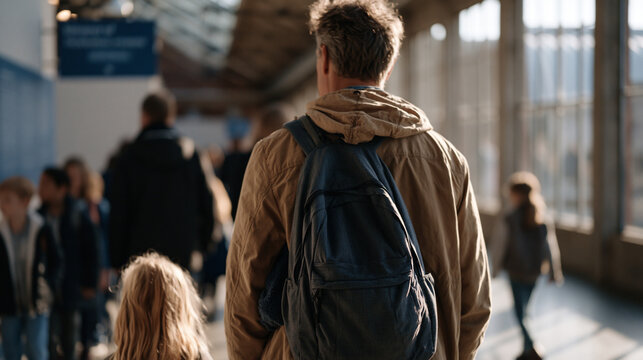 Parent volunteers trail a school field trip group through an industrial history museum, but one father stays three inches behind his child at every exhibit while other children roam freely, the spat