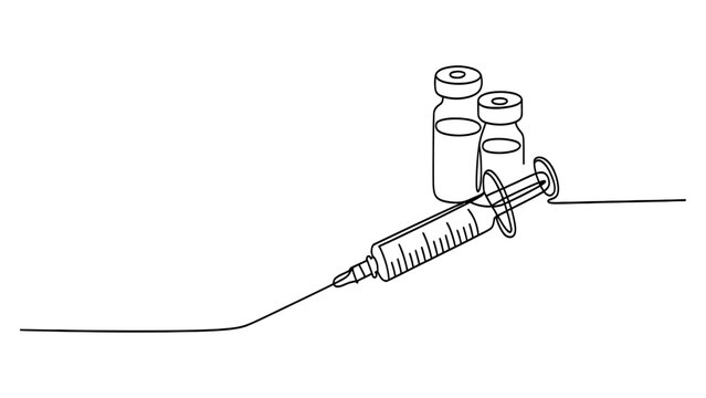 Continuous line drawing of a syringe and two vaccine vials, medical concept, vector illustration isolated on white background