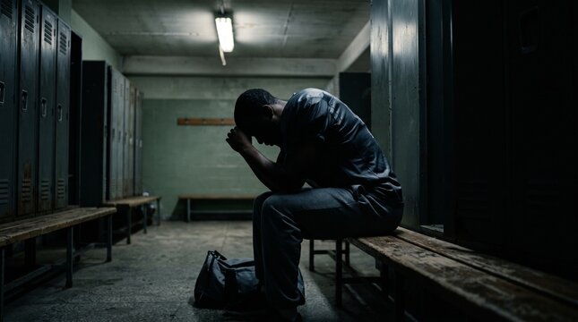 Depressed Athlete Sitting Alone in a Dark Moody Locker Room