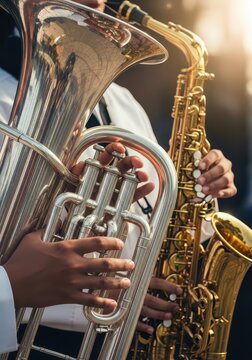 Musicians Playing Tuba and Saxophone in a Marching Band Performance, Close-up of Hands and Brass Instruments