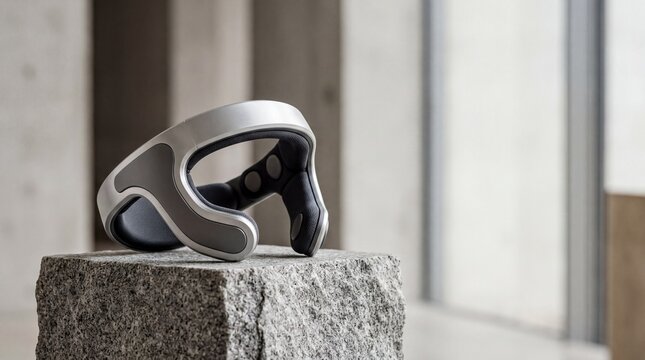 medical tech innovation, a sleek brushed aluminum brain-computer interface headset on a stone plinth