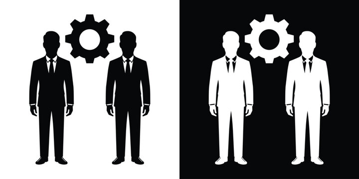 Business partnership and collaboration vector icon. Two businessmen silhouettes standing next to a gear mechanism. Symbolizes corporate team work, alignment, operation management, and processing.