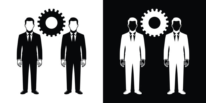 Business partnership and collaboration vector icon. Two businessmen silhouettes standing next to a gear mechanism. Symbolizes corporate team work, alignment, operation management, and processing.