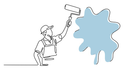 Continuous line drawing of a painter painting a wall with a roller, minimalist design of a worker with a paint roller, isolated on white background © Dipa Roy