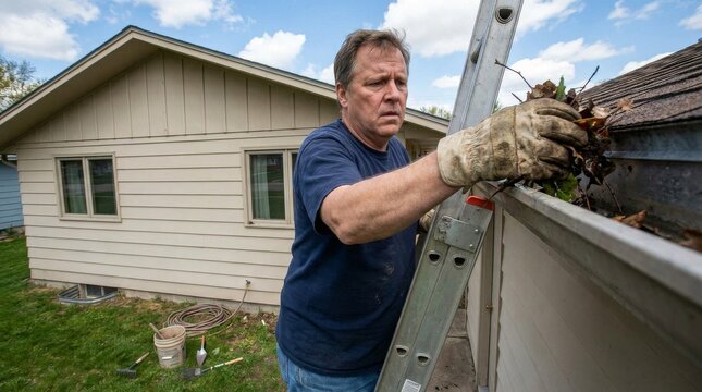 Middle Aged Man Cleaning Debris from Rain Gutters on Ladder.