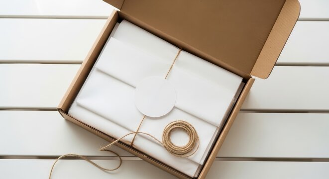 Open Cardboard Box with White Tissue Paper Wrapped Gift and Blank Label for Branding Mockup on White Table