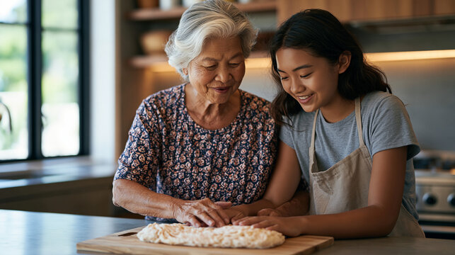 Elderly Vietnamese grandmother teaches teenage granddaughter traditional cooking technique in modern kitchen on quiet July Sunday, intergenerational knowledge transfer, family heritage, cultural cui
