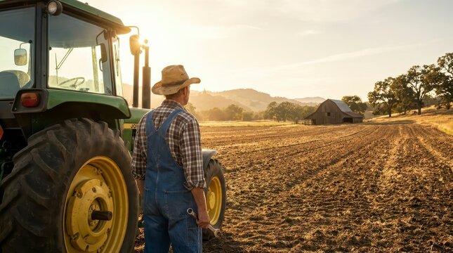 Farmer with tractor overlooking plowed field at sunset