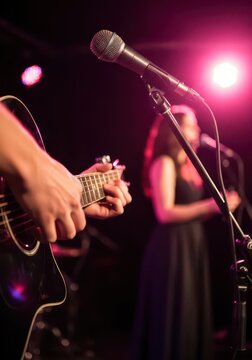 Close-up of Musician Playing Acoustic Guitar on Stage with Singer and Microphone in Background under Pink Lights