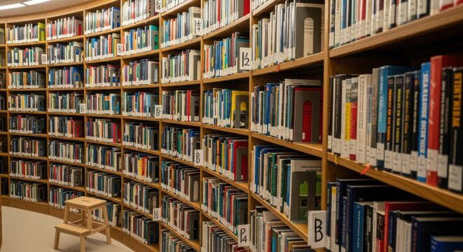 Interior of a Modern Library with Rows of Bookshelves and a Wooden Step Stool for Reaching High Shelves