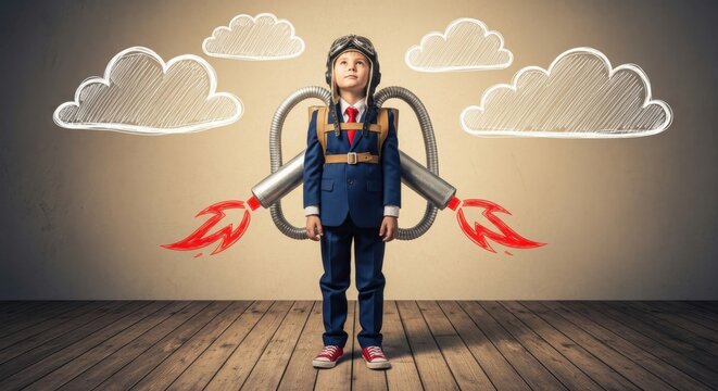 Ambitious Young Boy in Business Suit Wearing a DIY Jetpack Dreaming of Success and Future Career Goals