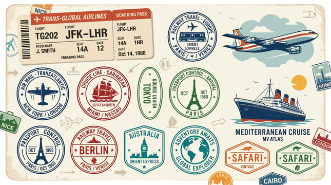 Travel documents and stamps with airplane and cruise ship.