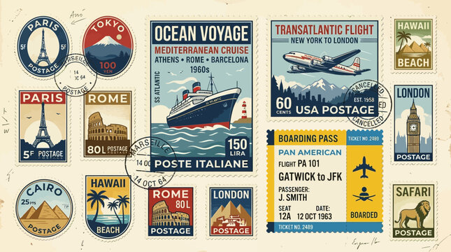 Vintage Travel Postcards and Stamps Collection.