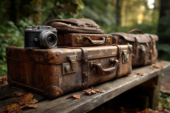 Vintage leather luggage and classic camera placed on a wooden table in an autumn forest creating a cozy seasonal travel adventure atmosphere.