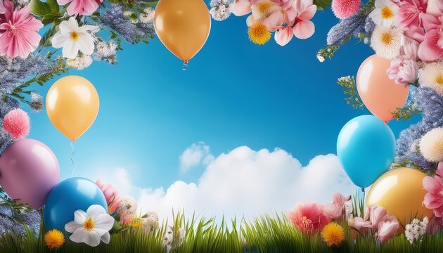 spring flowers and balloons framing a blue sky with copy space