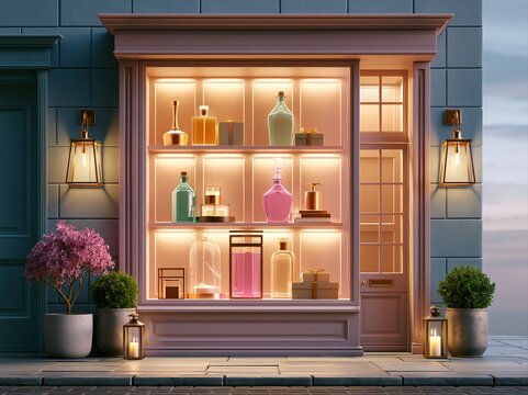 Display of colorful bottles and jars in a shop window at dusk in a city area with street lamps and plants outside