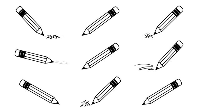 A set of nine black and white illustrations of pencils in various positions and uses