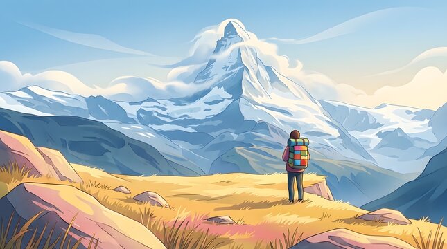 Hiker standing on plateau facing iconic sharp mountain peak. Achievement and destination travel. Man with colorful backpack looking at snowy summit with clouds
