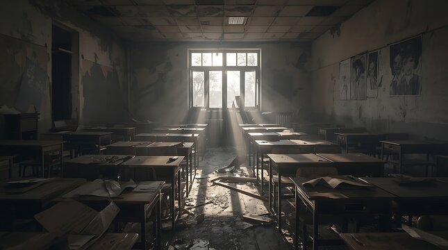 Photorealistic Broken Classroom Interior with Torn Artwork and Dramatic Atmospheric Lighting