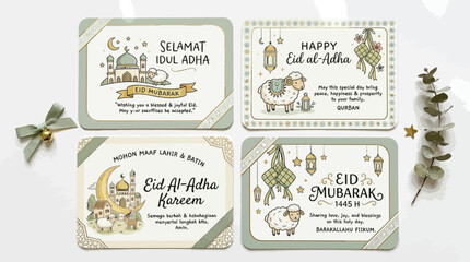 Collection of Eid Mubarak and Eid al-Adha greeting cards with Islamic motifs and calligraphy. © Terra