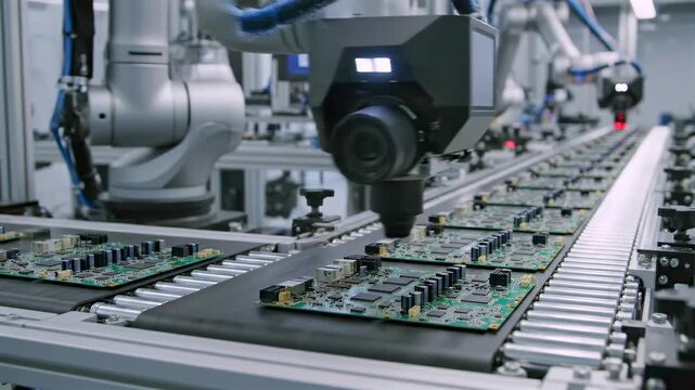Automated vision camera scans circuit boards on conveyor in electronics factory, inspecting components for quality control, defect detection and smart manufacturing automation on production line.