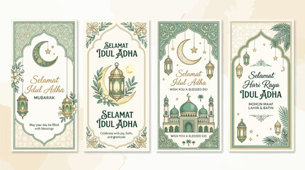 Collection of Eid Mubarak and Eid al-Adha greeting cards with Islamic motifs and calligraphy. © Terra