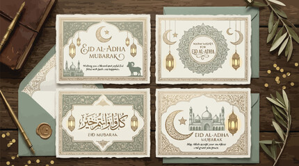 Collection of Eid Mubarak and Eid al-Adha greeting cards with Islamic motifs and calligraphy. © Terra