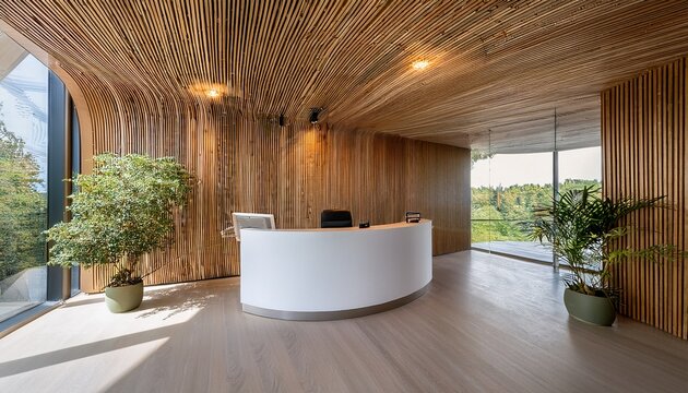 minimalistic reception area featuring a curved white desk with ambient lighting wooden slat walls and panoramic windows overlooking trees