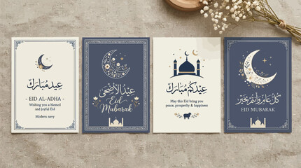 Collection of Eid Mubarak and Eid al-Adha greeting cards with Islamic motifs and calligraphy. © Terra